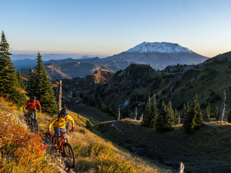 Jameson Florence and TIm Souquet riding the Boundry Trail on the N side of Mt St Helens. Imagery is model released.